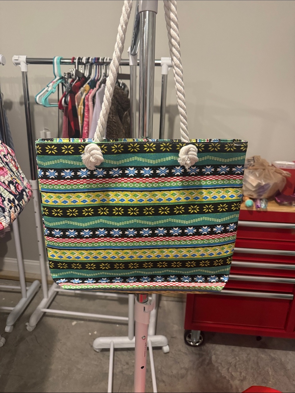 Striped Tribal Pattern Rope-Handle Tote Bag in Green